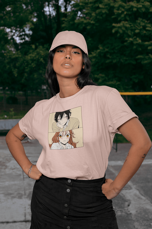 Horimiya anime t-shirt front design - Hori and Miyamura cartoon art - Unisex cotton tee